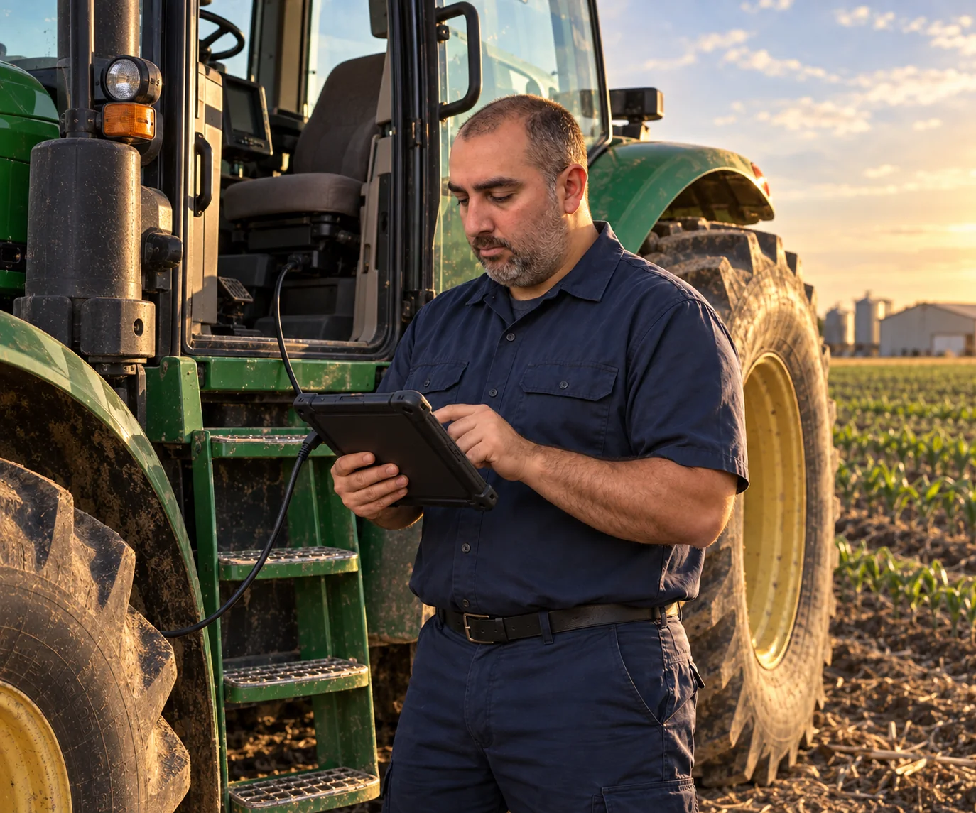 LG Equipment Diagnostics & Repair owner using a diagnostic tablet beside an agricultural tractor